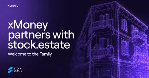 xMoney partnership graphic showing a digital building illustration with the text “xMoney partners with stock.estate” and “Welcome to the Family.”