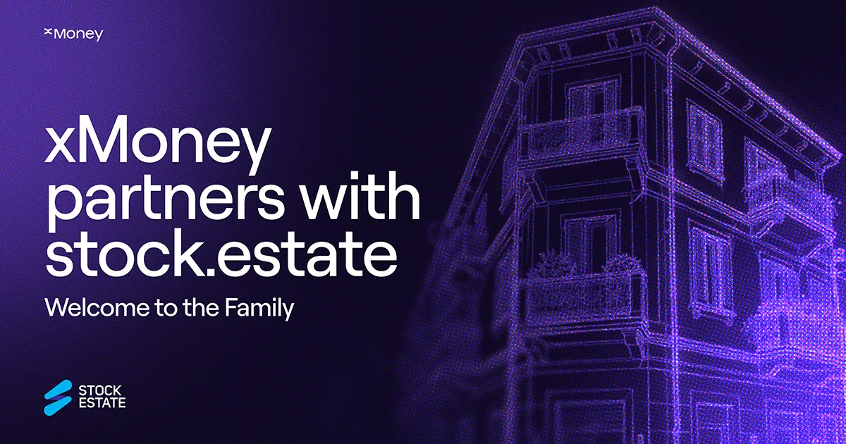 xMoney partnership graphic showing a digital building illustration with the text “xMoney partners with stock.estate” and “Welcome to the Family.”