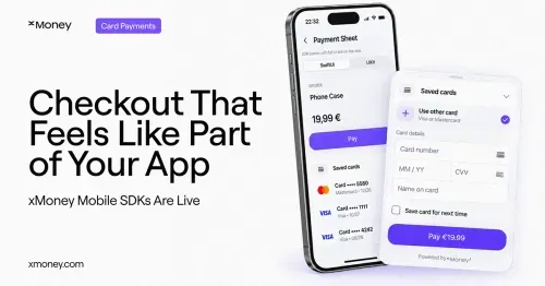 xMoney Mobile SDK checkout on iPhone, showing a native Payment Sheet, saved cards, card fields, and a Pay €19.99 button.