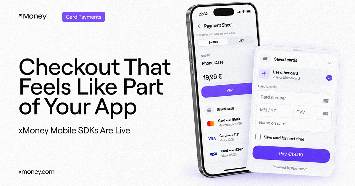 xMoney Mobile SDK checkout on iPhone, showing a native Payment Sheet, saved cards, card fields, and a Pay €19.99 button.