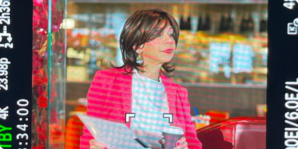 Karen Harding wearing a bright pink blazer and white top, holding a paper and a disposable coffee cup while seated indoors. A blurred café-style background with shelves and lights is visible behind her.