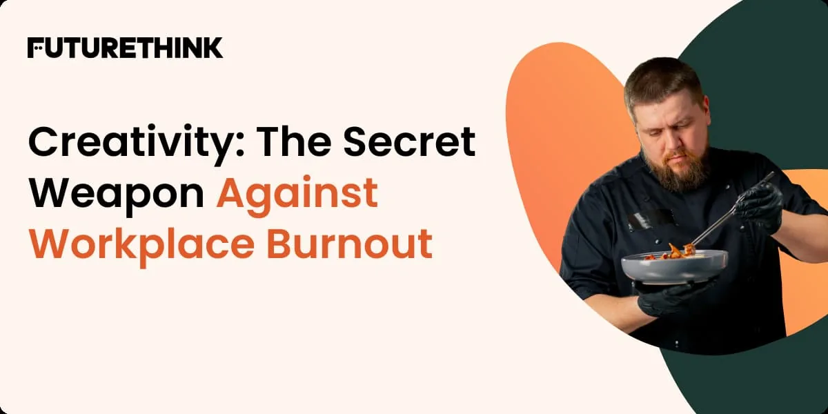 Chef plating food beside headline about creativity and workplace burnout