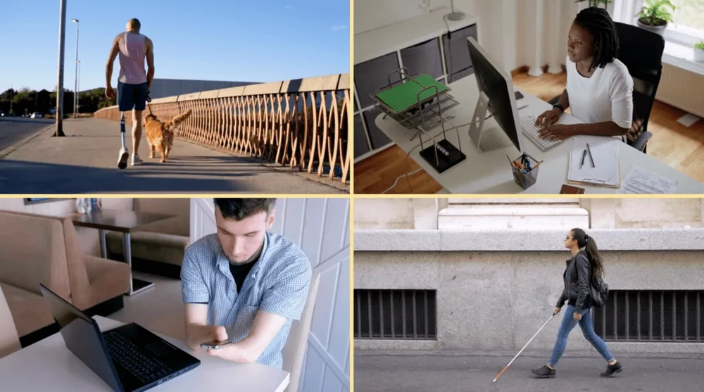 Four scenes showing people with various disabilities in daily life