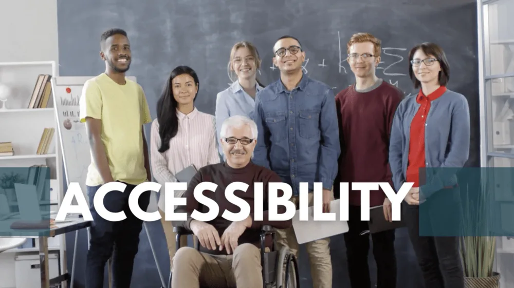 Diverse group of people smiling with "ACCESSIBILITY" text in front