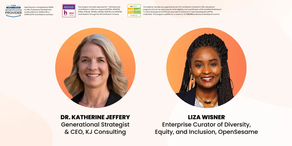 Side-by-side headshots of Dr. Katherine Jeffery and Liza Wisner, with names, titles, and certification provider logos above. Soft orange background with circular frames.