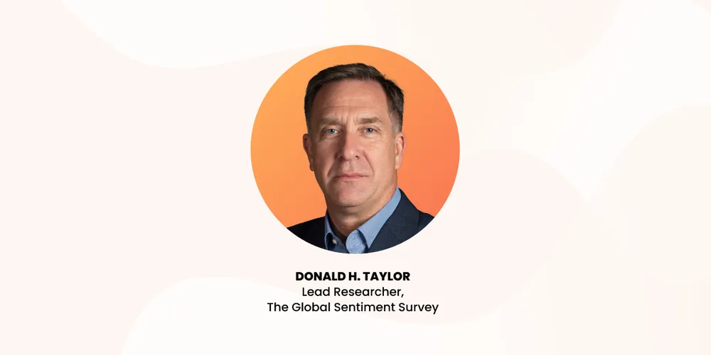 Headshot of Donald H. Taylor, Lead Researcher of The Global Sentiment Survey, displayed within an orange circular frame against a light abstract background.