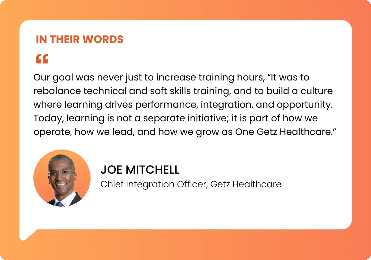 Quote card with testimonial text: “Our goal was never just to increase training hours, “It was to rebalance technical and soft skills training, and to build a culture where learning drives performance, integration, and opportunity. Today, learning is not a separate initiative; it is part of how we operate, how we lead, and how we grow as One Getz Healthcare.” Joe Mitchell, Chief Integration Officer, Getz Healthcare, with headshot.