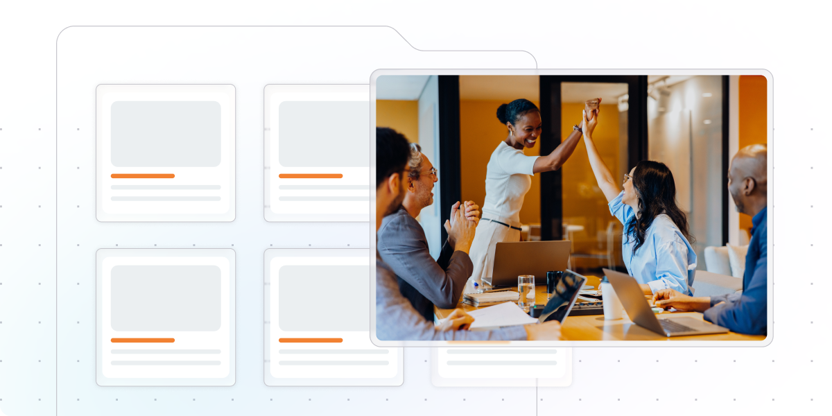 Team members celebrate during a meeting alongside an illustration of an online learning platform and course library.