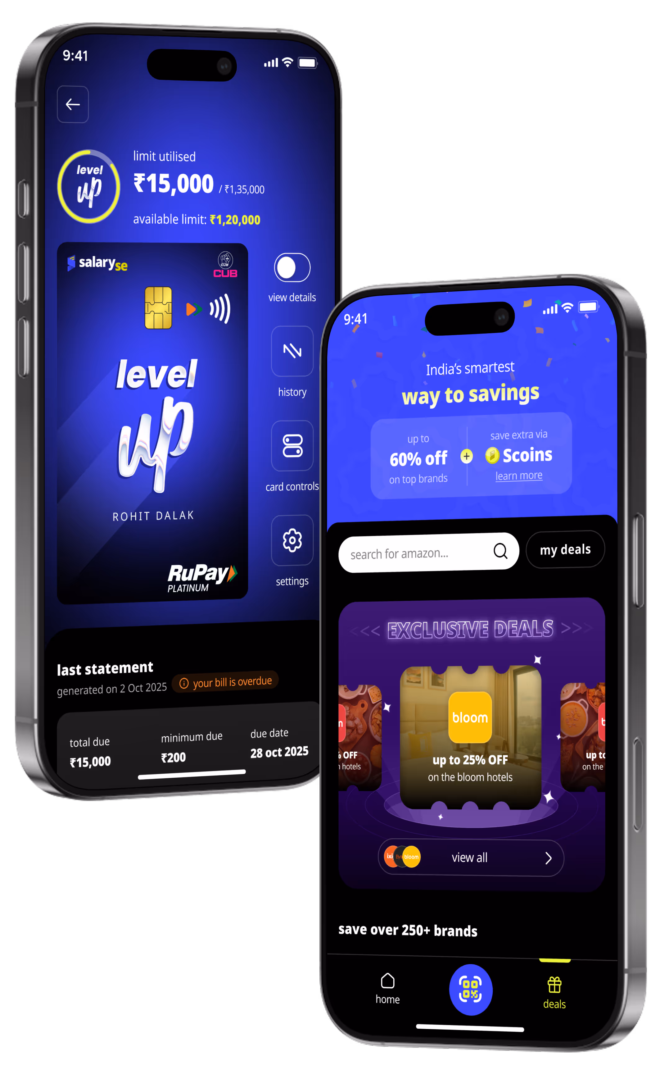Two smartphones displaying the SalarySe mobile app, one screen showing food, travel, beauty, and shopping deals, and the other showing the SalarySe UPI credit card dashboard with available limit and card controls.