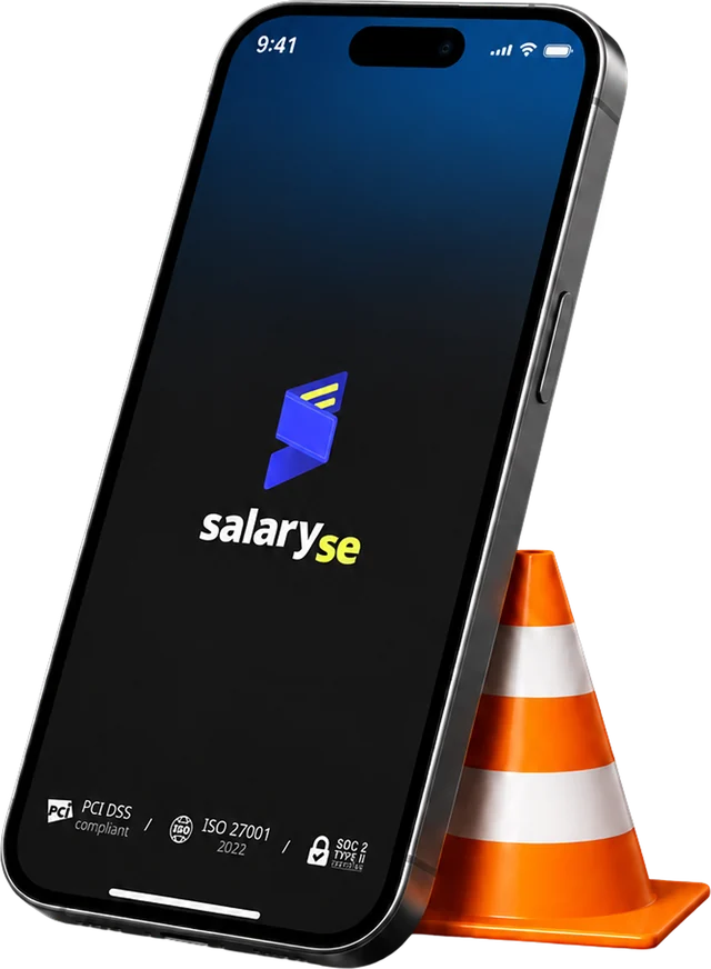 SalarySe app on an iPhone leaning on a traffic cone, under maintenance