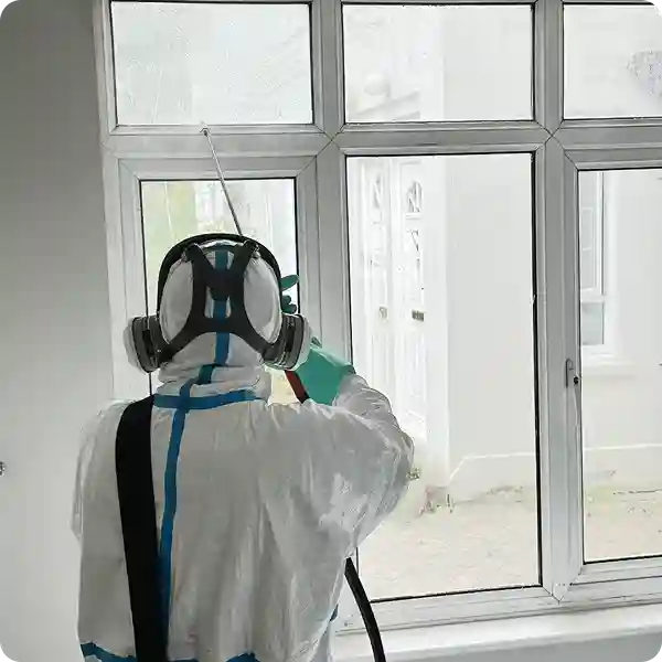 Mould removal process: applying disinfectant spray to window and windowsill