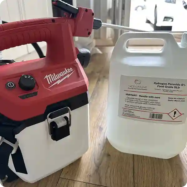 Mould removal equipment: fogging machine and 6% hydrogen peroxide solution