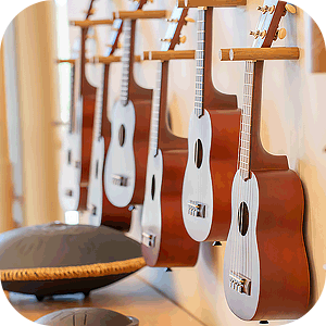 Row of wooden stringed instruments with brown bodies and white fretboards hanging on a wall.