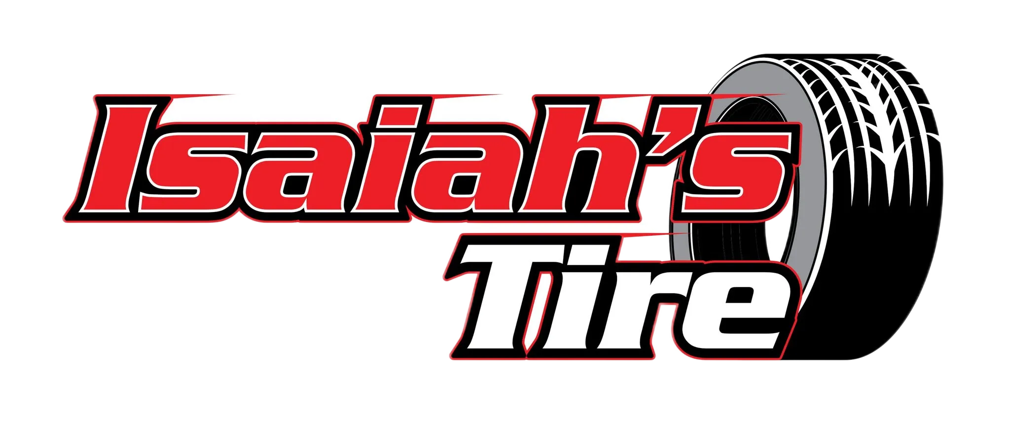 Logo of "Isaiah's Tire" featuring bold red and black lettering with a tire graphic, conveying automotive services.