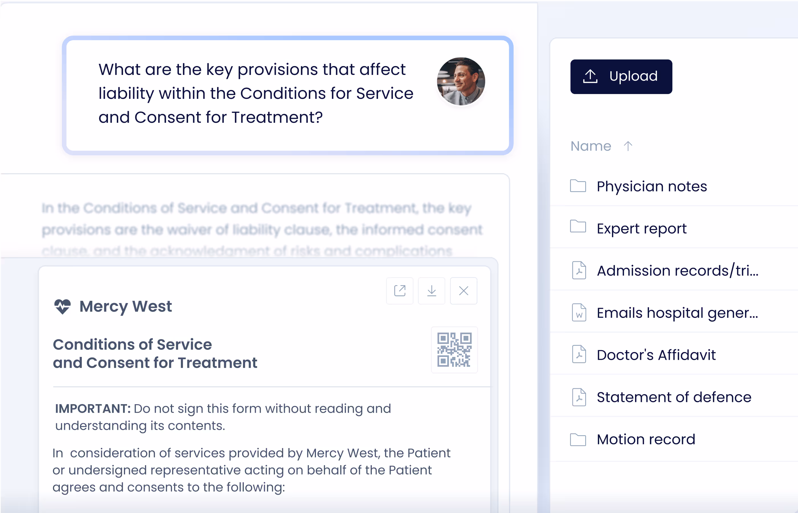 Digital interface showing a question about key provisions affecting liability in Conditions for Service and Consent for Treatment, alongside a Mercy West form and a list of medical document folders and files with an upload button.