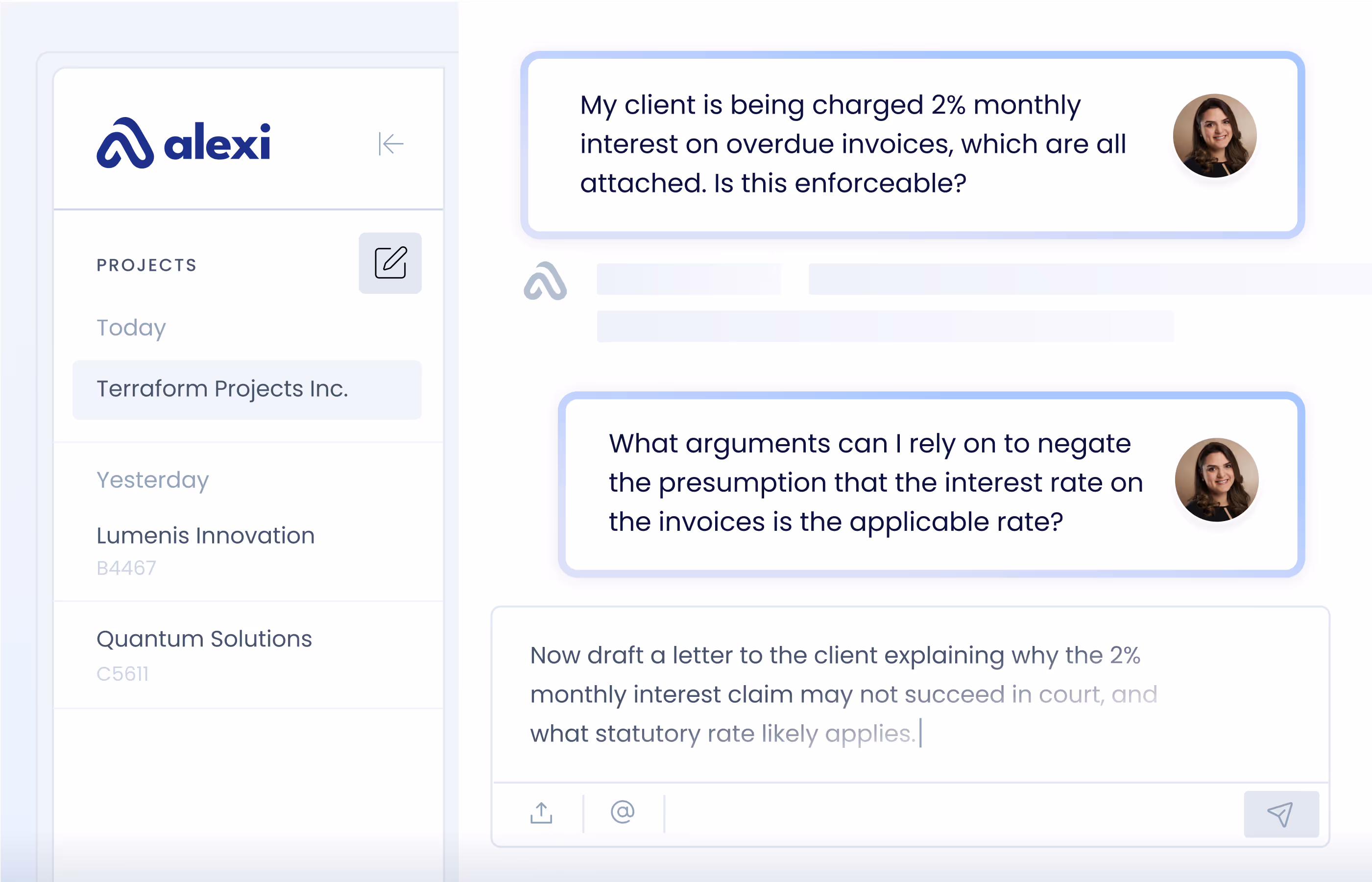 Screenshot of a legal inquiry interface showing a user asking about the enforceability of a 2% monthly interest charge on overdue invoices and arguments to negate the presumption of the applicable interest rate, with a draft prompt for a letter to the client.