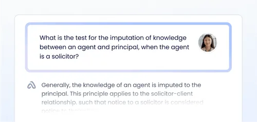 Chat interface showing a question about the test for imputation of knowledge between an agent and principal when the agent is a solicitor, with a profile picture of a woman.
