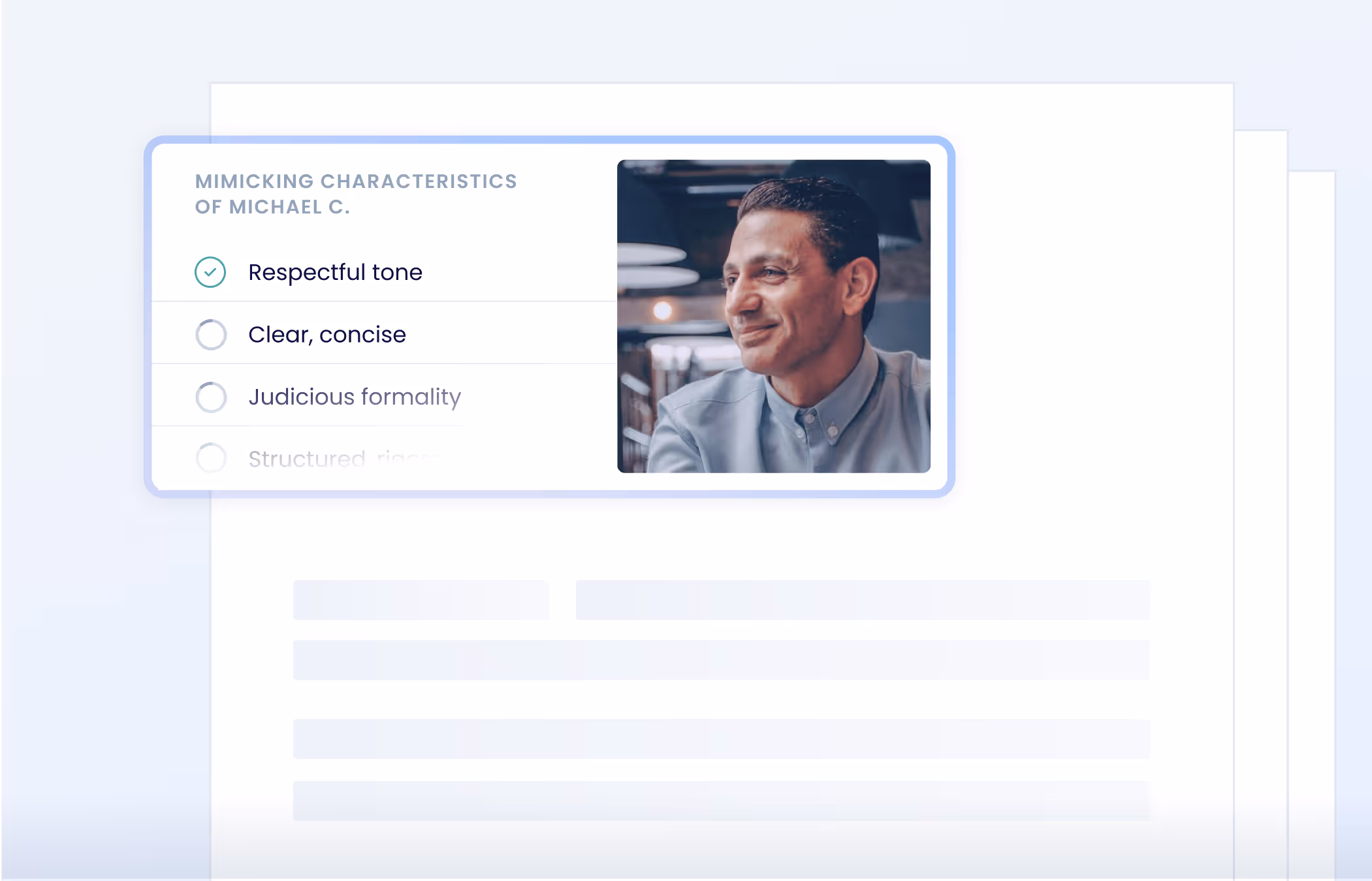 User interface showing a checklist titled 'Mimicking Characteristics of Michael C.' with 'Respectful tone' checked and a photo of a smiling man in a button-up shirt.