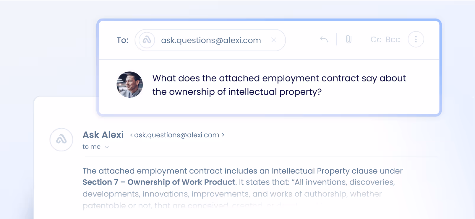 Email conversation where a user asks about intellectual property ownership in an employment contract, and Ask Alexi responds referencing Section 7 – Ownership of Work Product clause.