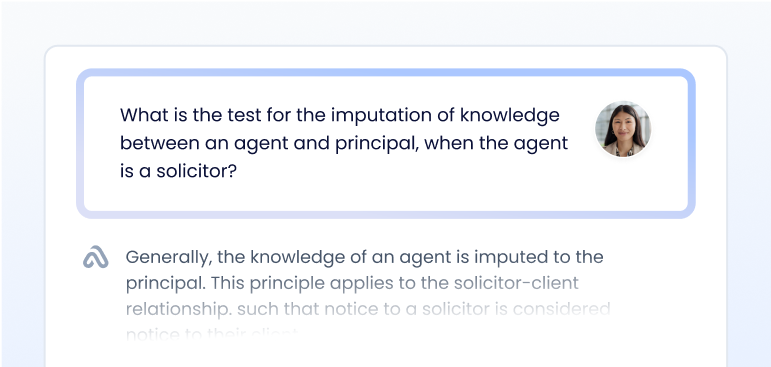 Chat interface showing a question about the test for the imputation of knowledge between an agent and principal when the agent is a solicitor, accompanied by a small profile picture of a woman.