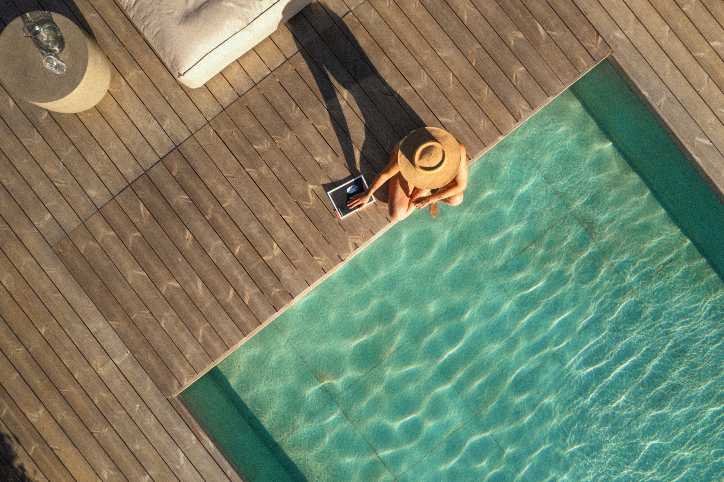 Overhead view of the pool and timber deck