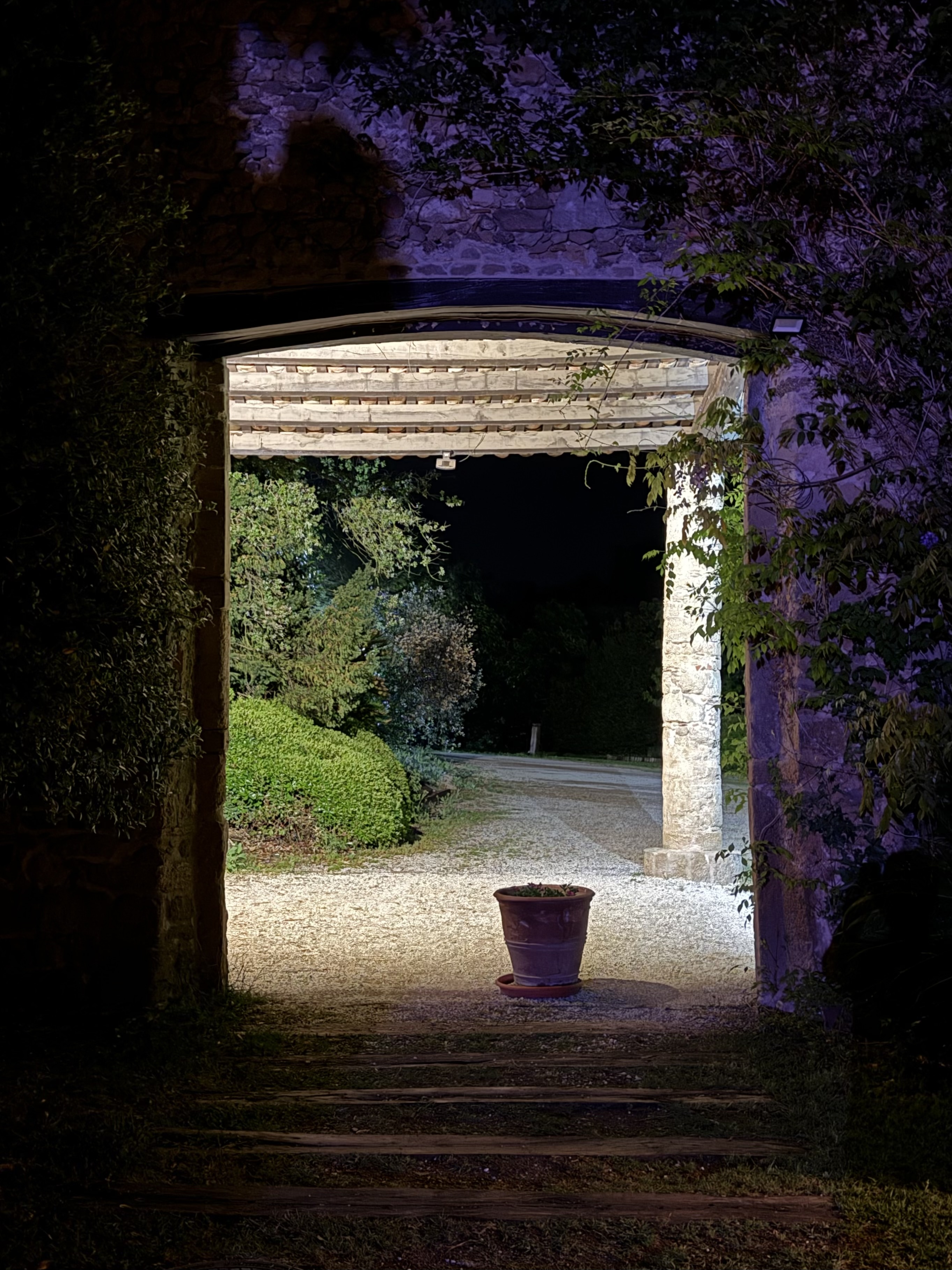 Stone archway framing a garden path with wisteria in bloom