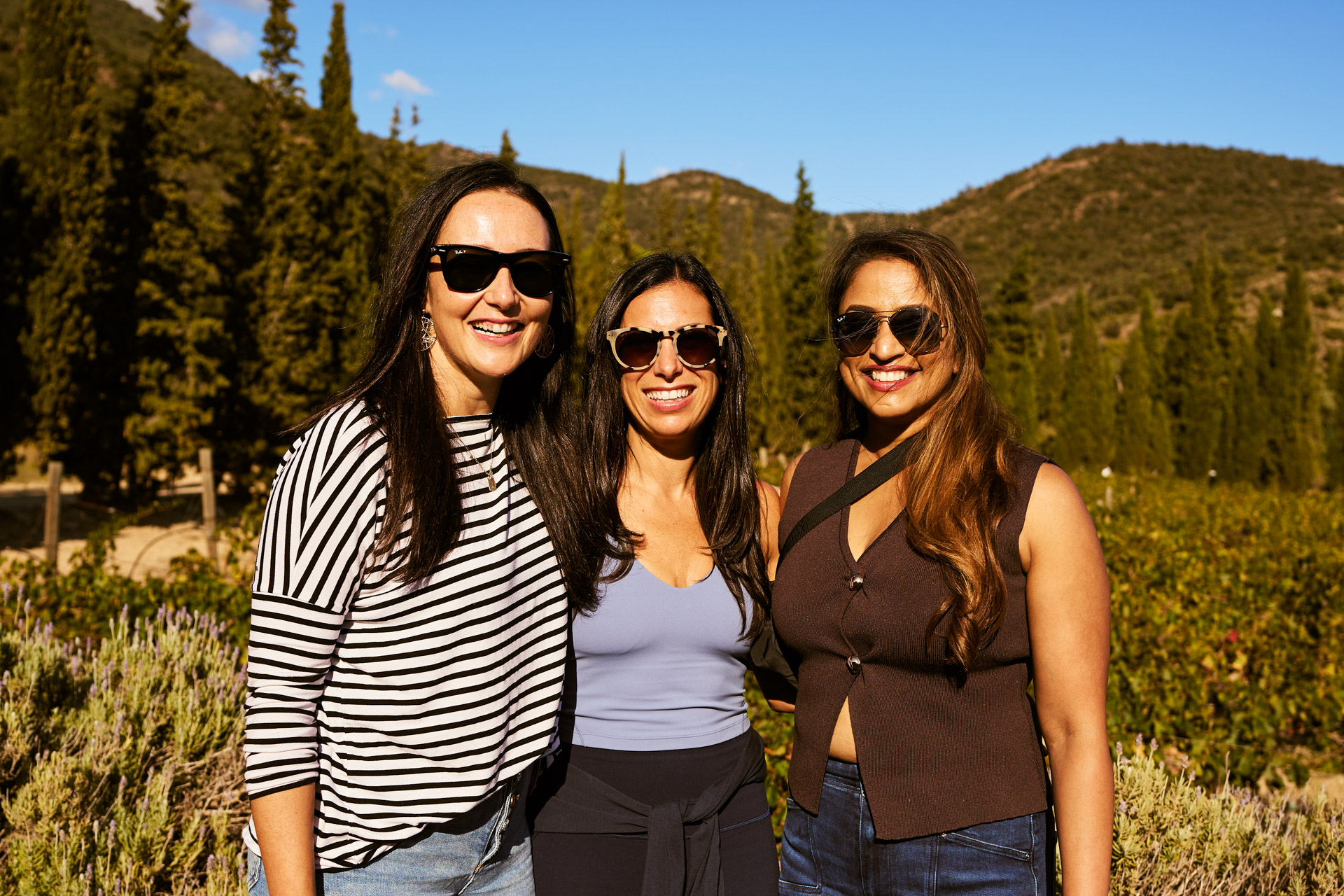 Three participants together in the countryside at golden hour