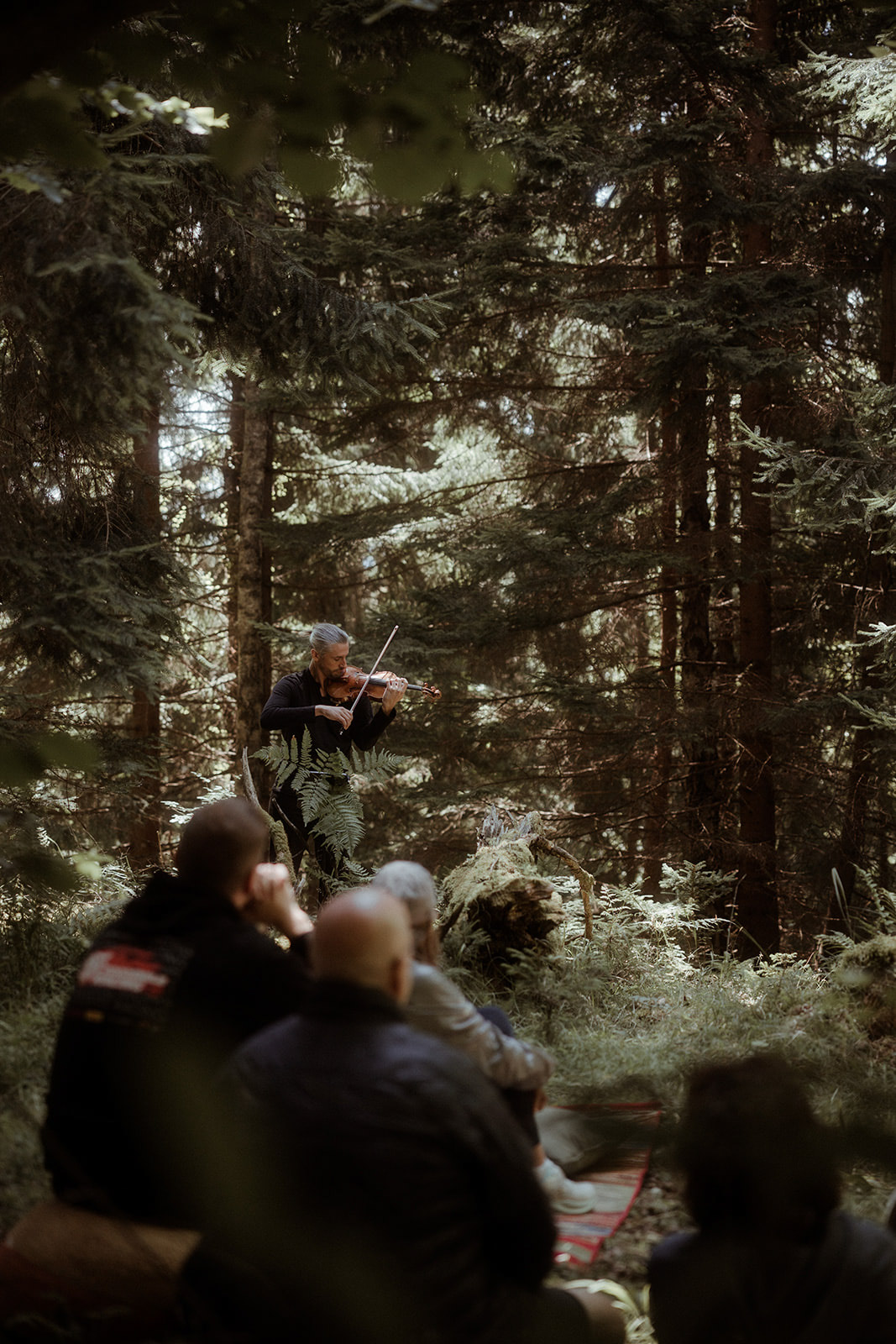 Two participants embracing among the pines