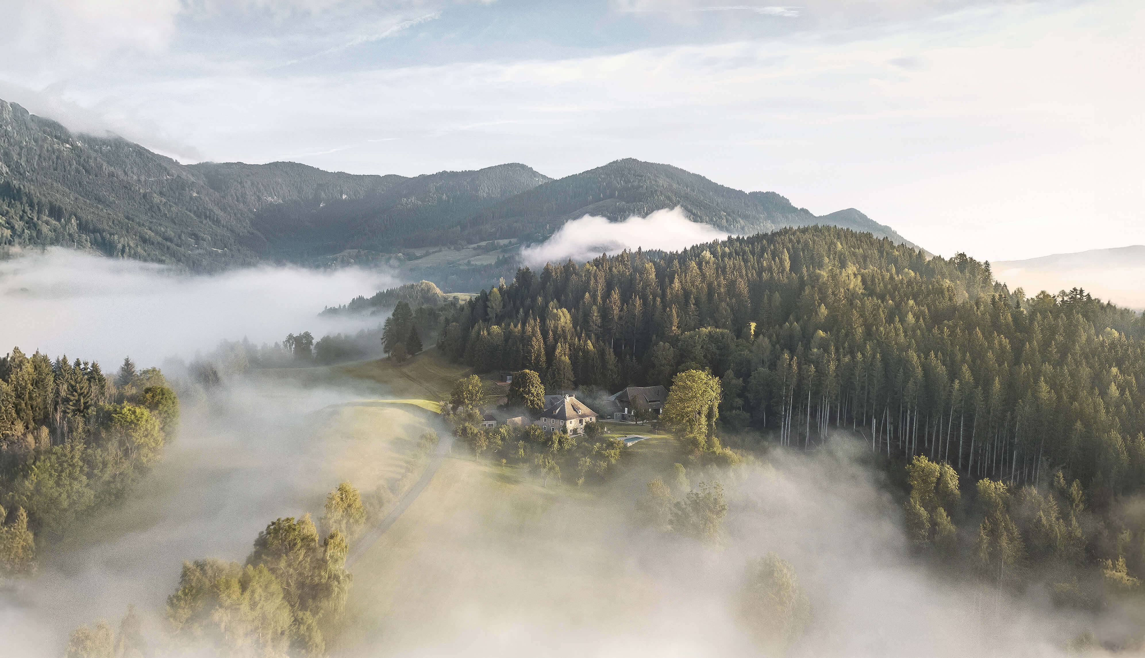 Mist lying over forested hills at dawn