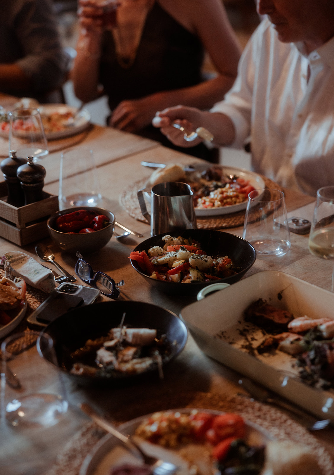 An overhead spread of shared dishes on the table
