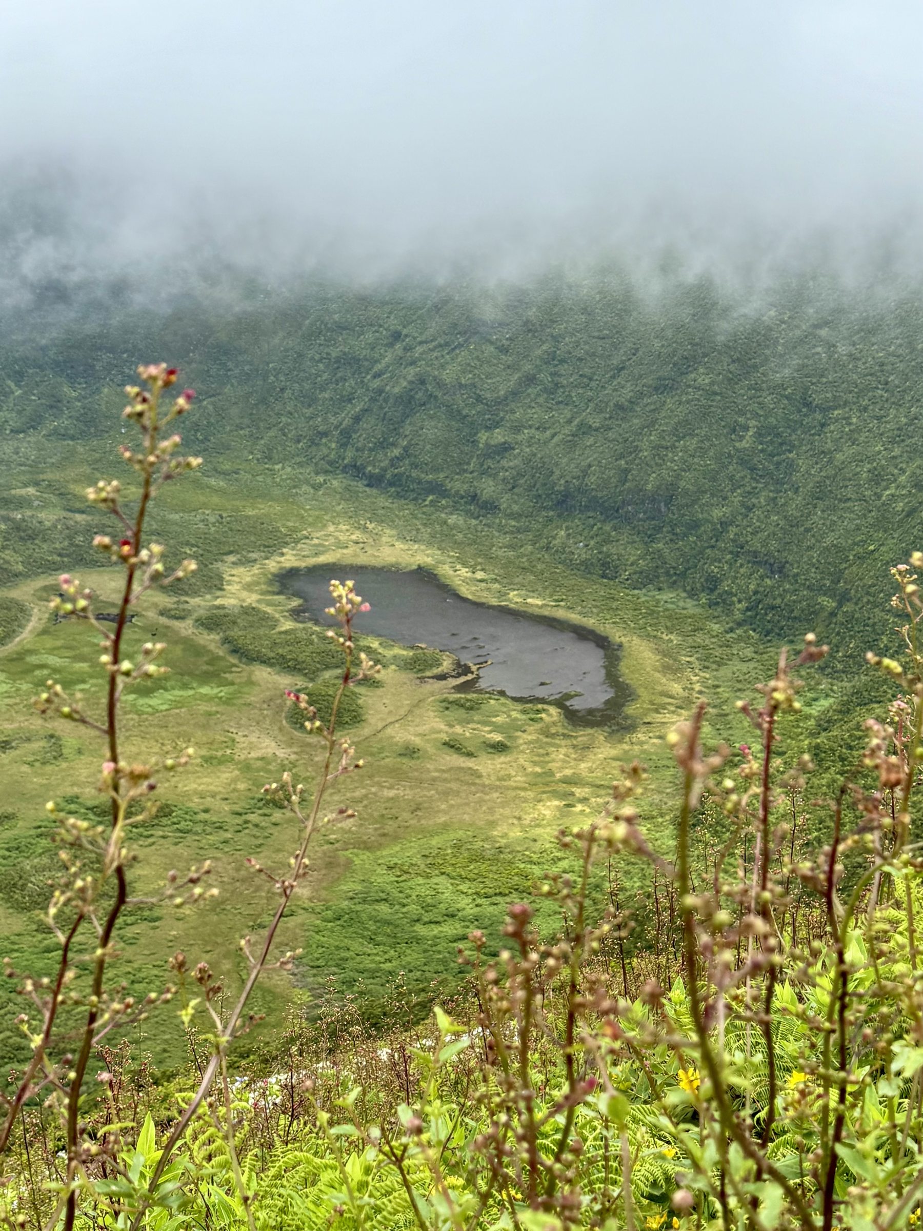 Mist over the crater floor and lake inside Caldeira do Faial