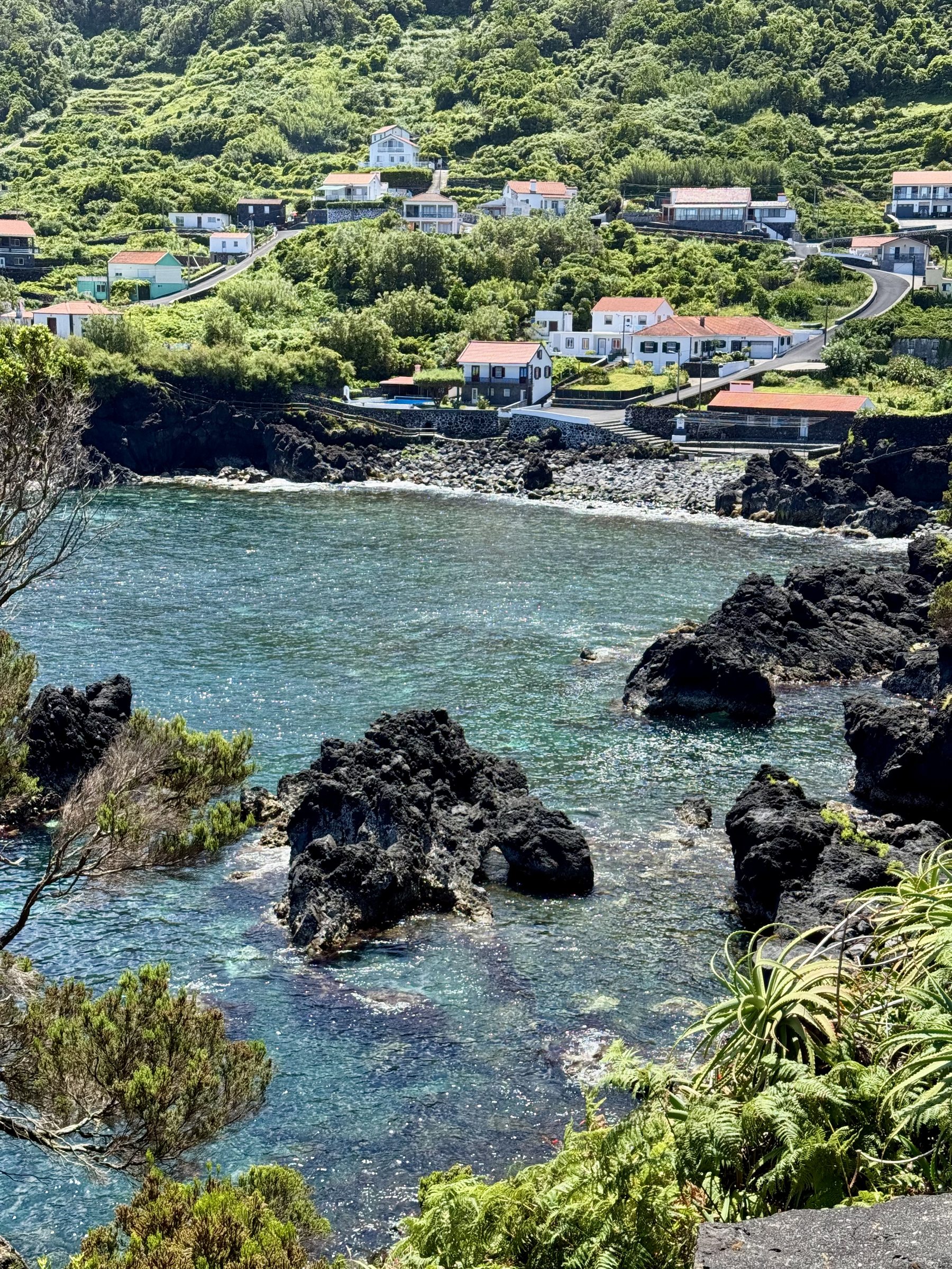 White houses with red roofs above lava rock coves