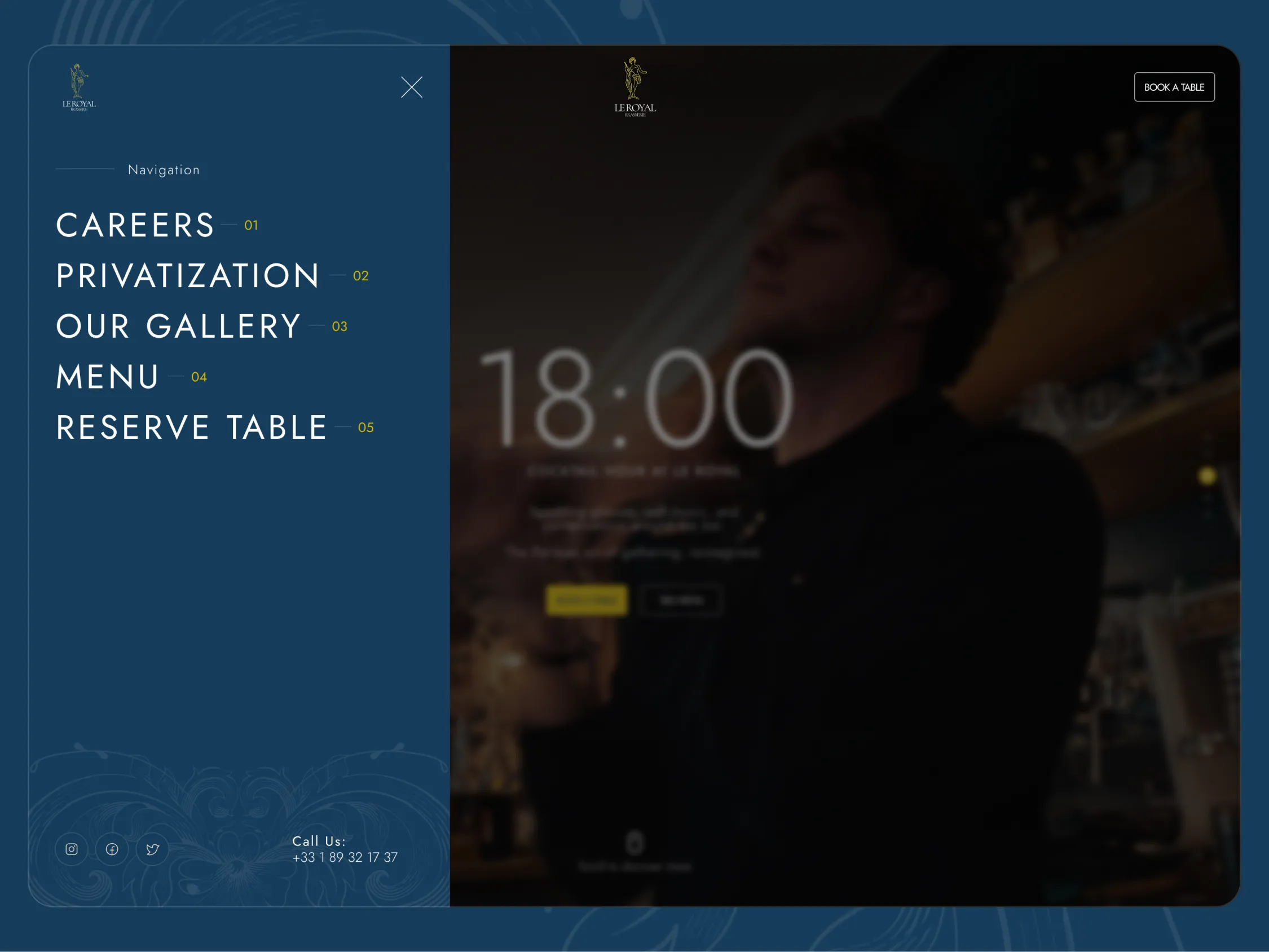 Restaurant website built by Eldar Dizdarevic - Webflow developer and web designer with navigation menu with options for Careers, Privatization, Our Gallery, Menu, and Reserve Table plus a blurred background image of a person with 18:00 displayed prominently.