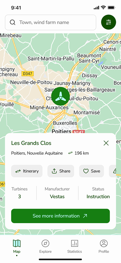 Aperçu de la page de présentation d'éolienne de l'app Wind Asset