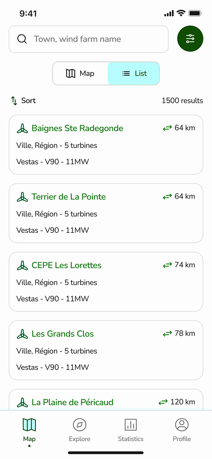 Aperçu de la liste d'éoliennes de l'app Wind Asset