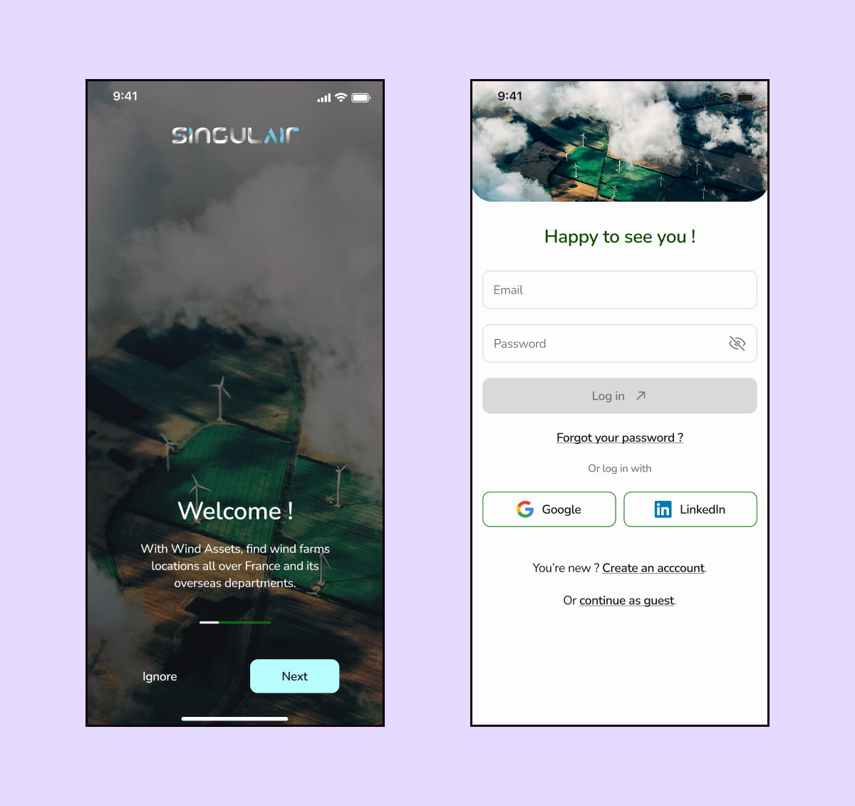 Aperçu de la page d'onboarding et de connexion de l'application Wind Asset