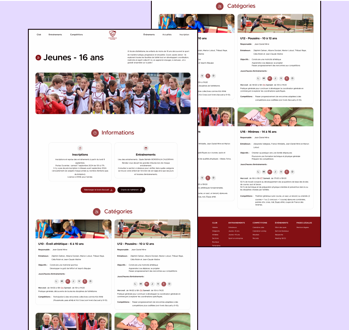 Aperçu de la page des entrainements pour les jeunes de moins de 16 ans du site du Stade Bordelais Athlétisme
