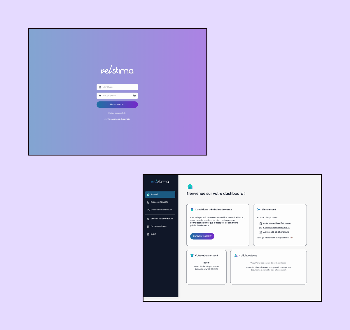 Aperçu de la page de connexion et du dashboard de la web app Velstima