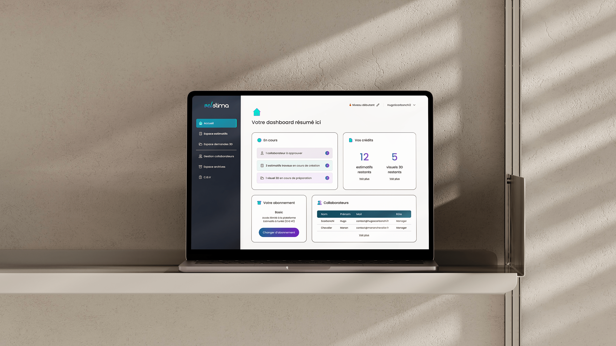 Mockup de la maquette de la web app Velstima
