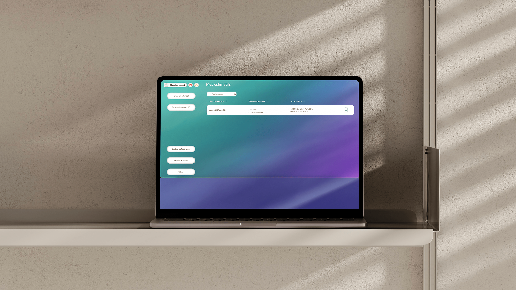 Mockup de la web app Velstima avant mon intervention
