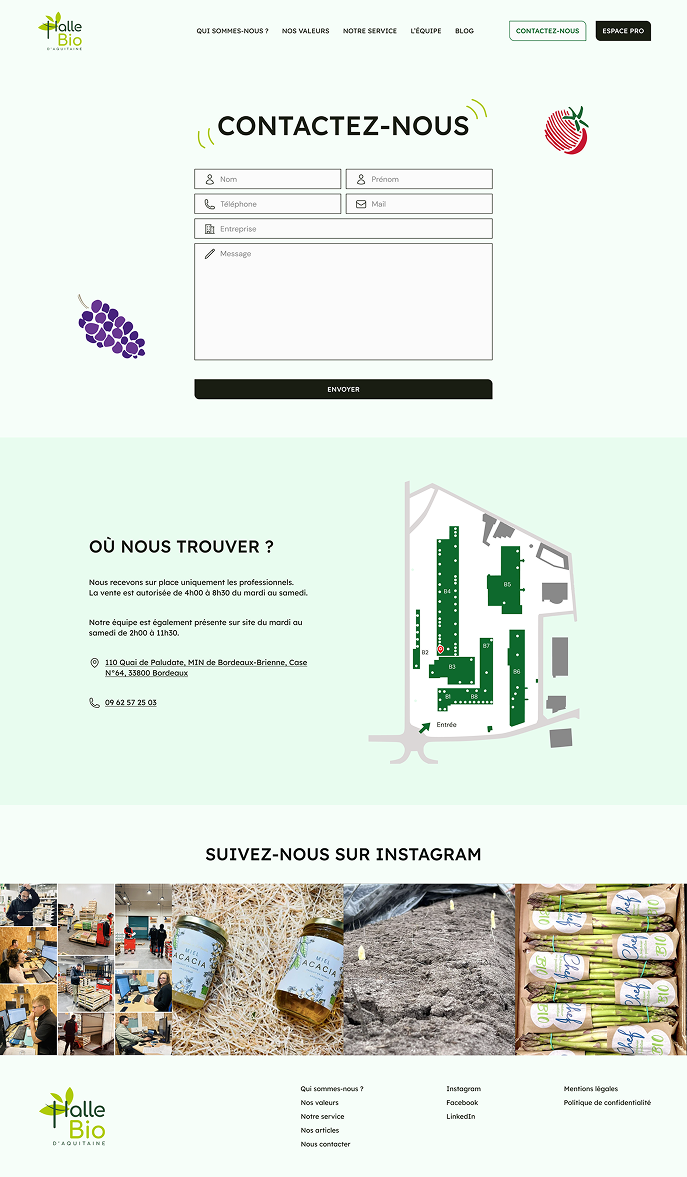 Aperçu de la page contact de la Halle Bio d'Aquitaine