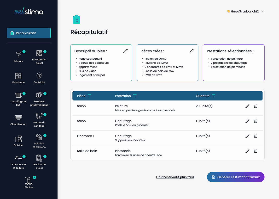 Aperçu du dashboard de Velstima