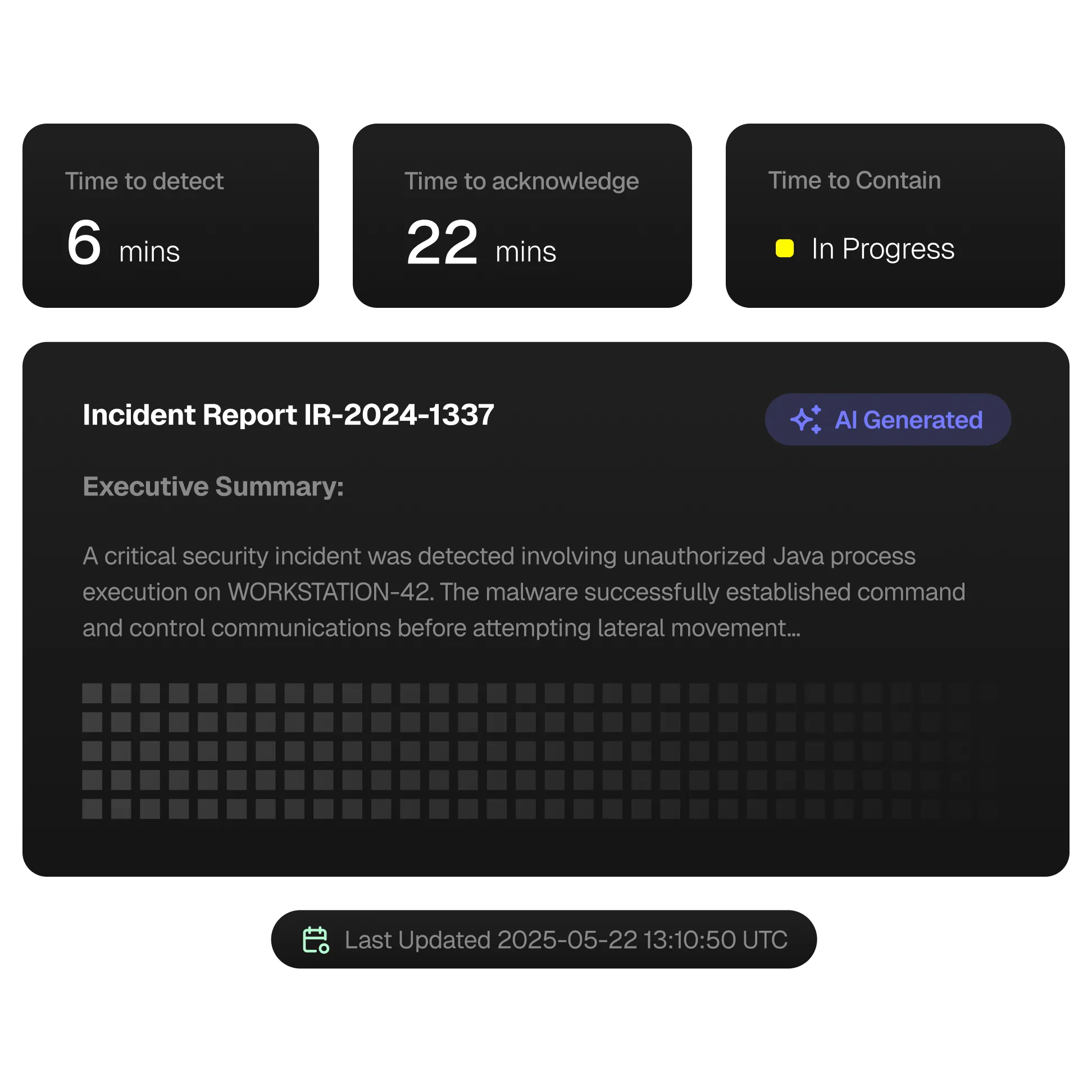 AI-generated incident report with live updates and executive summary.
