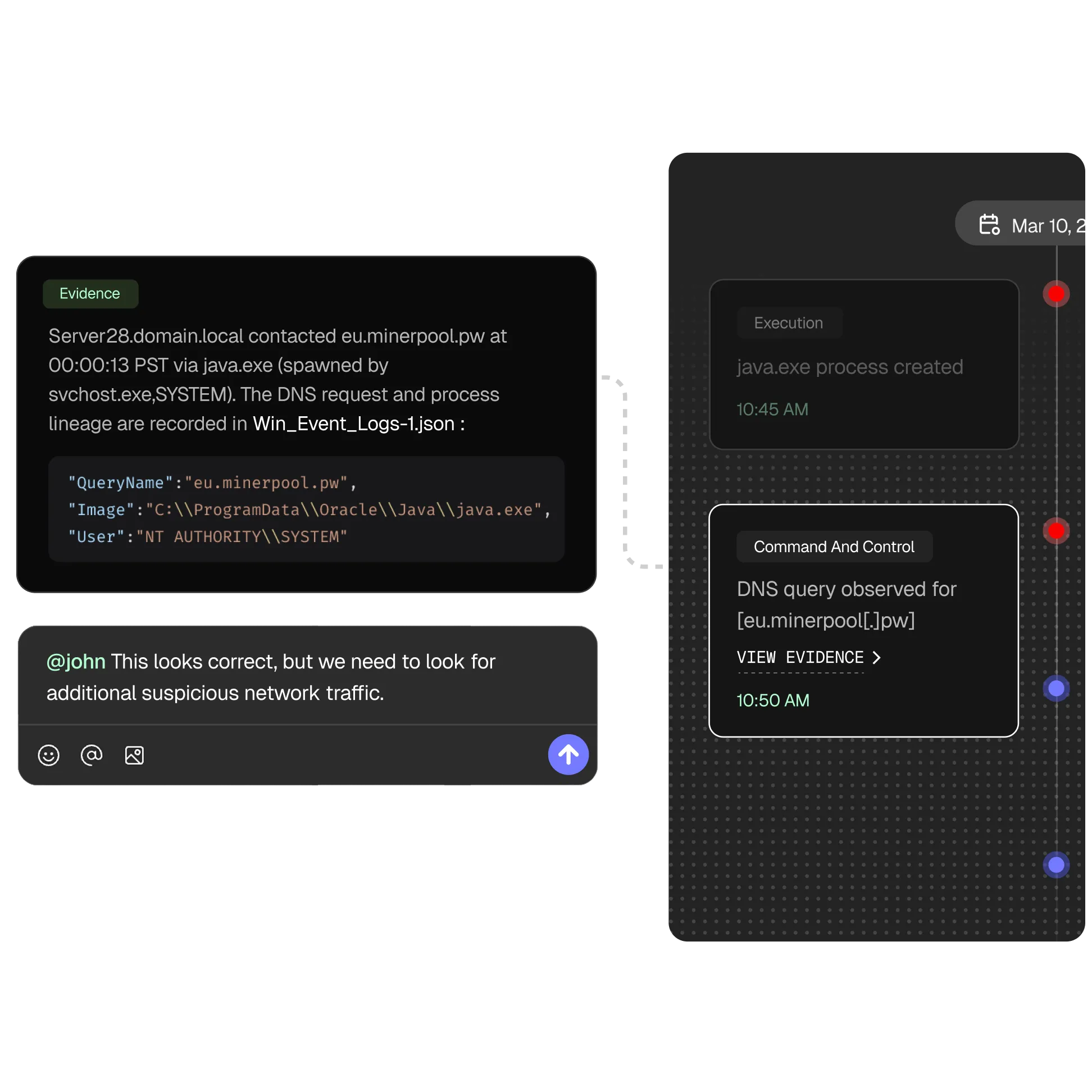 Real-time incident collaboration with evidence, timelines, and analyst comments.