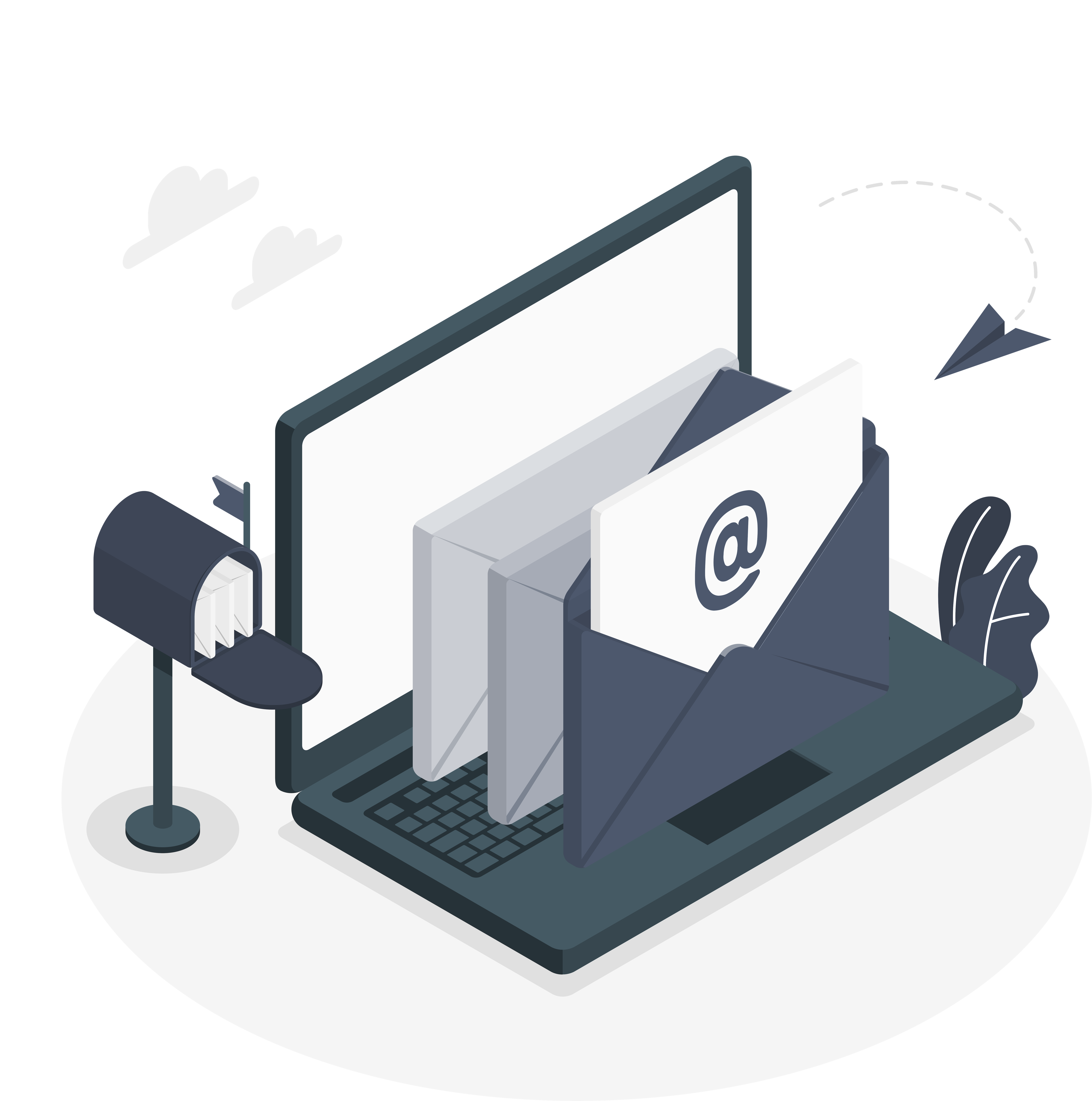 Illustrasjon av en PC-skjerm med elementer av e-post og nyhetsbrev.