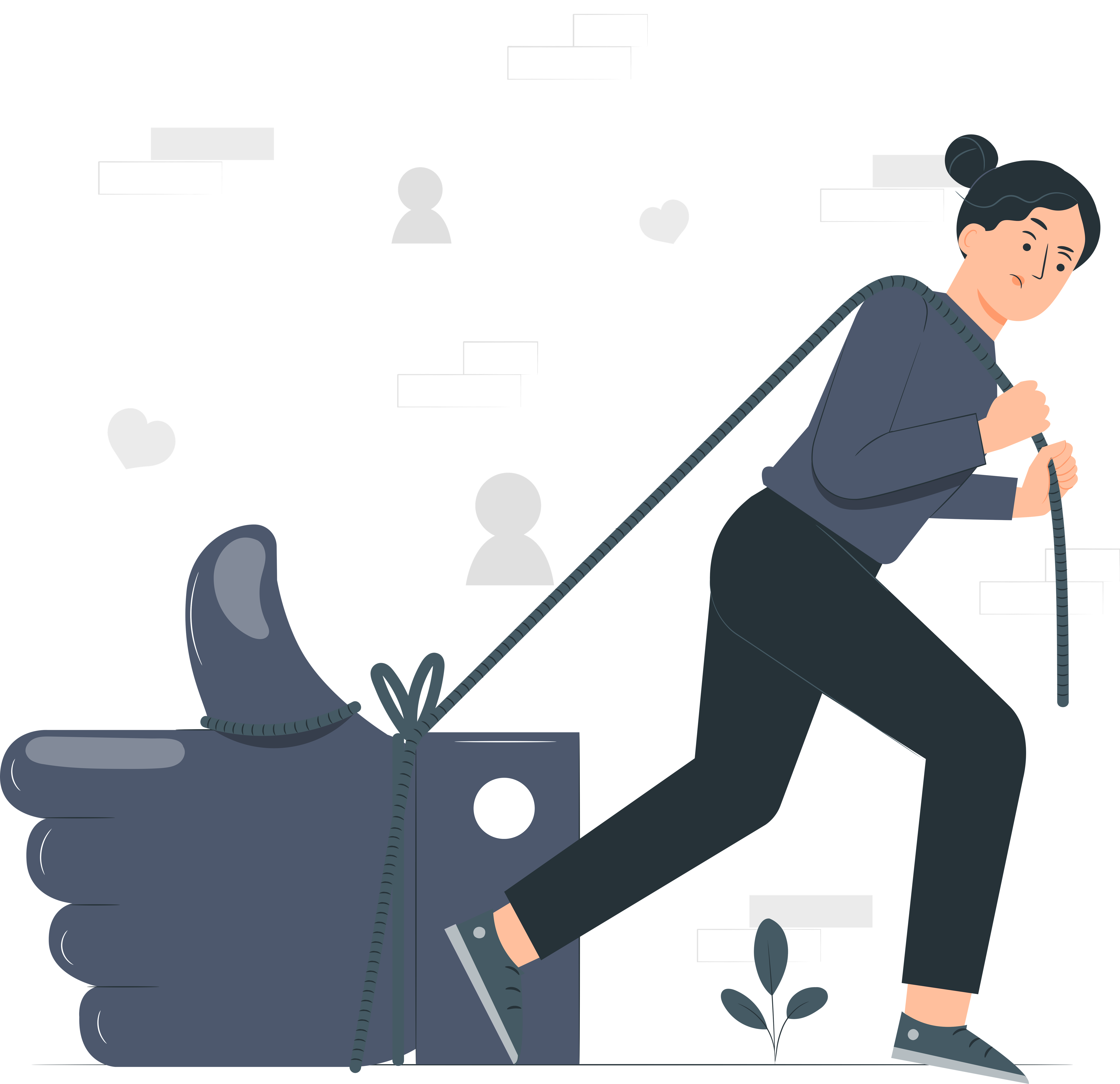 Illustrasjon av en kvinne som drar med seg en stor tommel opp med et tau.