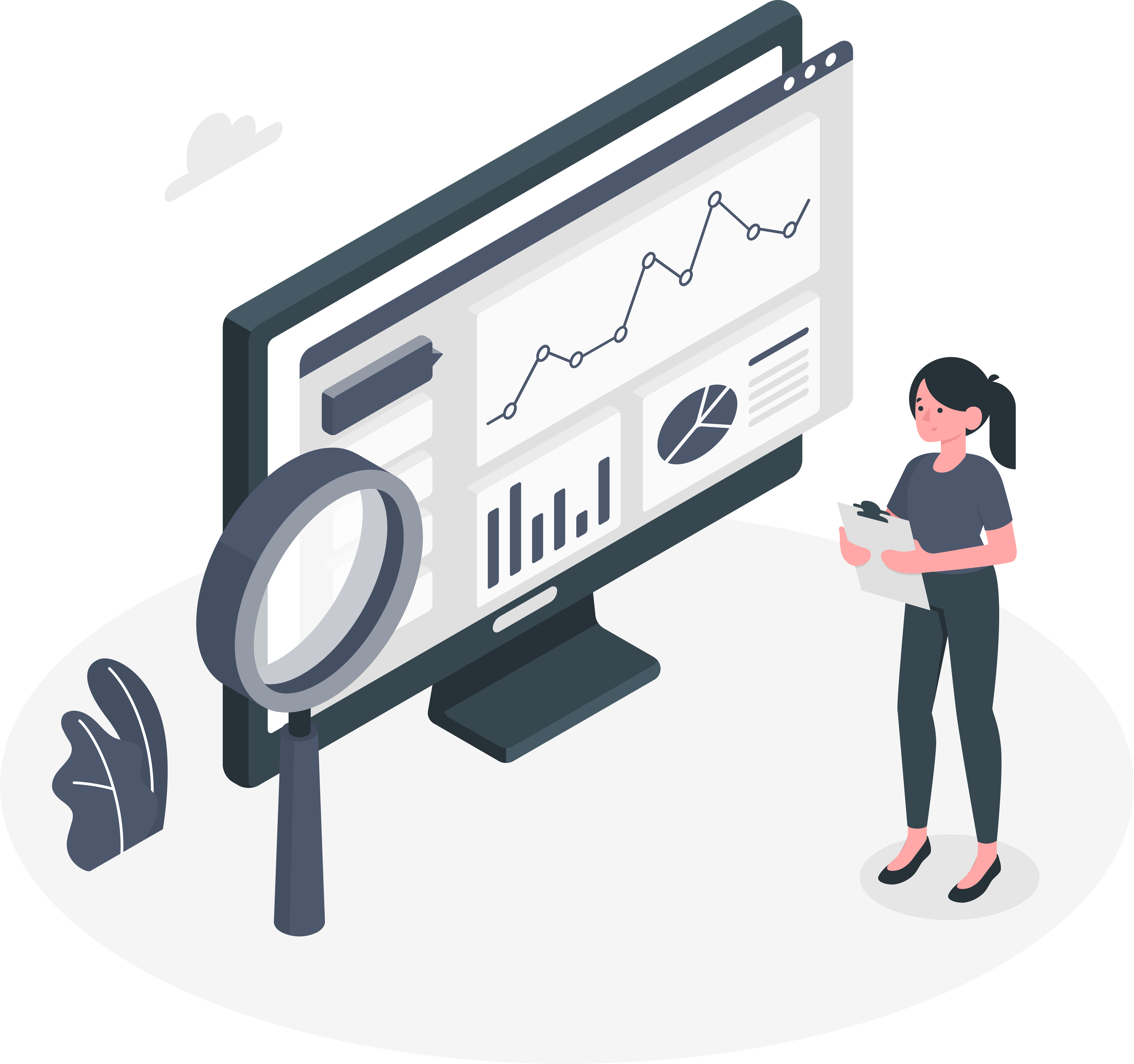Illustrasjon av en stor PC-skjerm som inneholder data og analyse. Ved siden av PC-skjermen er det et stort forstørrelsesglass og en kvinne som ser på en rapport.