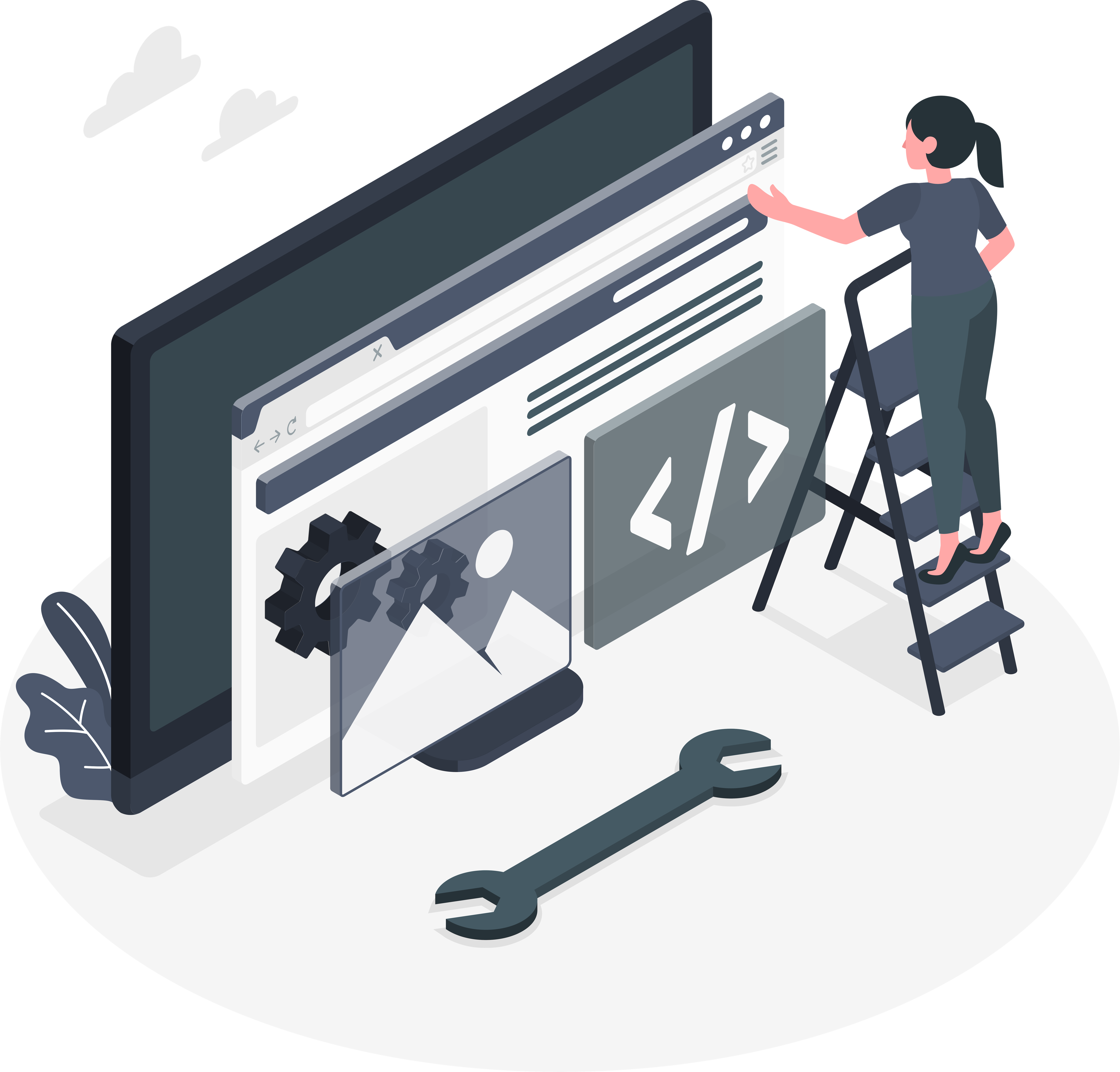 Illustrasjon av en stor PC-skjerm med elementer til nettsidebygging, og en person på en stige som fikser på elementene.