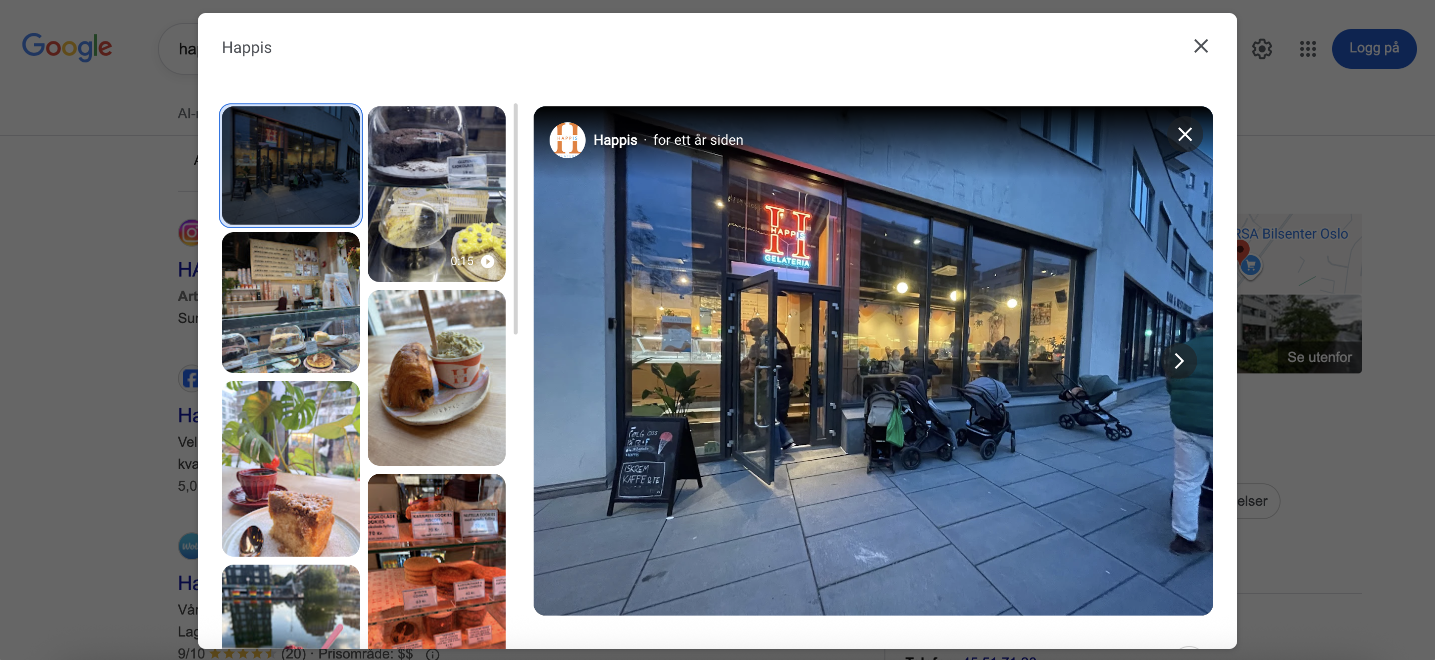 Skjermbilde av hvordan det ser ut på Google når en bedrift og deres kunder har lagt ut visuelt innhold.