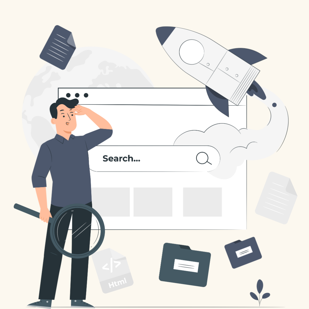 En illustrasjon av en mann med et forstørrelsesglass foran en skjerm med en søkemotor.